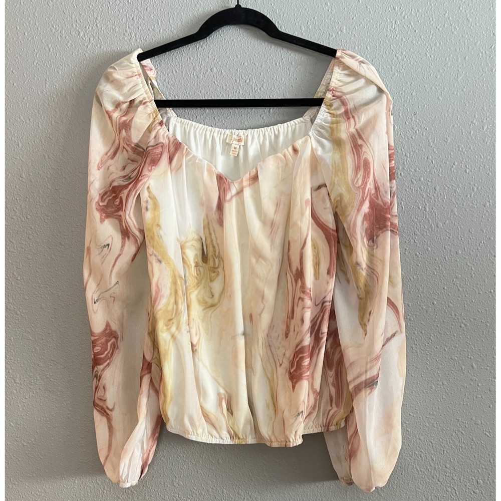 A Peach‎ Sheer Chiffon Cream and Mauve Marble Floral Women's Blouse Size Medium